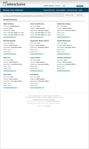 AM Exclusive Ordering System Company Directory Page